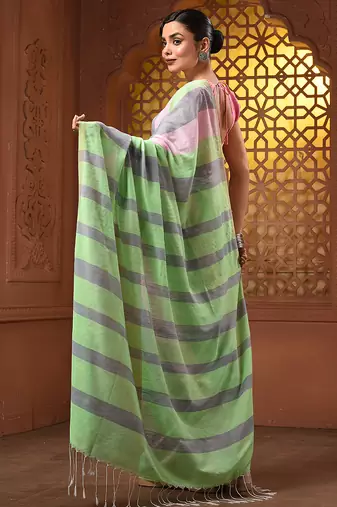 Multicolor cotton colorblocked handwoven half n half saree