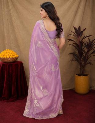 Lavender soft shimmer chiffon embroidery work saree with unstitched blouse piece 3