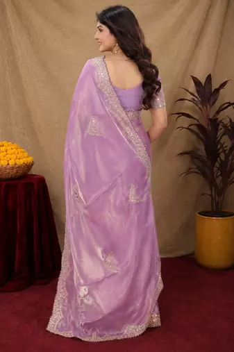 Lavender soft shimmer chiffon embroidery work saree with unstitched blouse piece