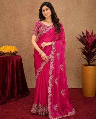 Rani pink soft shimmer chiffon embroidery work saree with unstitched blouse piece 1