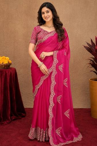 Rani pink soft shimmer chiffon embroidery work saree with unstitched blouse piece
