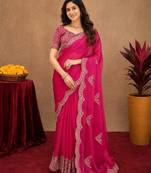 Rani pink soft shimmer chiffon embroidery work saree with unstitched blouse piece