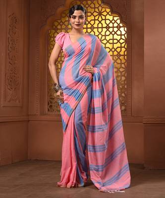 Flamingo pink and sky blue cotton handwoven half n half saree with stripe pattern 1