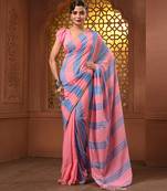 Flamingo pink and sky blue cotton handwoven half n half saree with stripe pattern