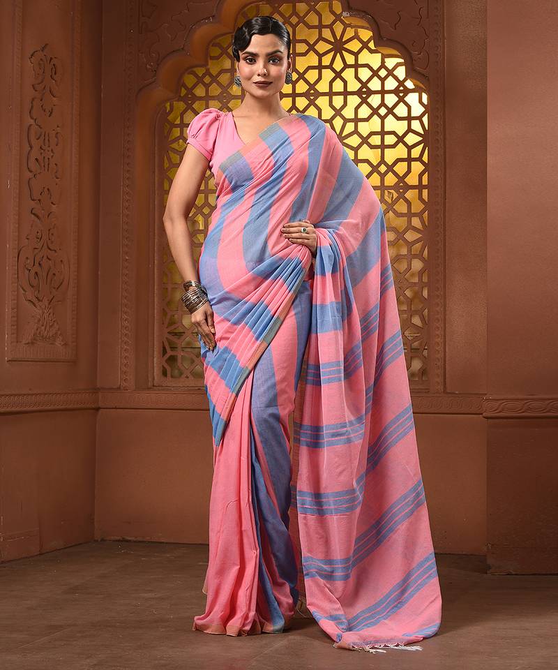 Flamingo pink and sky blue cotton handwoven half n half saree with stripe pattern