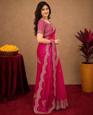 Rani pink soft shimmer chiffon embroidery work saree with unstitched blouse piece 2