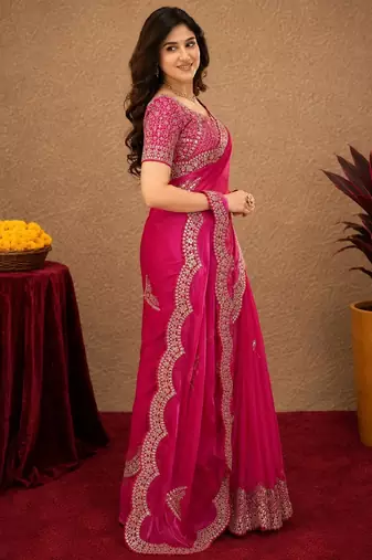 Rani pink soft shimmer chiffon embroidery work saree with unstitched blouse piece