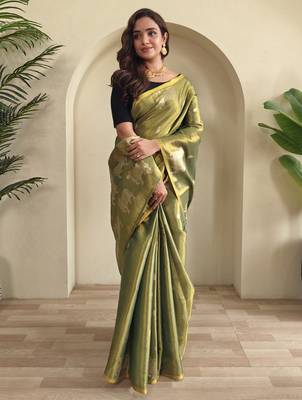 light olive coloer Zari All Over Pichwai Pattern Tilak Butti Motifs tissue saree 1