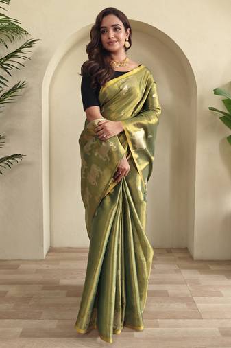 light olive coloer Zari All Over Pichwai Pattern Tilak Butti Motifs tissue saree