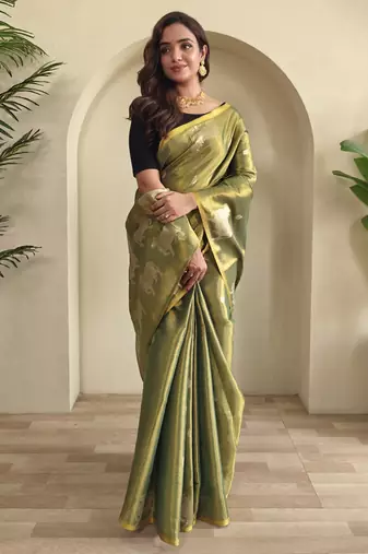 light olive coloer Zari All Over Pichwai Pattern Tilak Butti Motifs tissue saree
