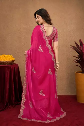Rani pink soft shimmer chiffon embroidery work saree with unstitched blouse piece