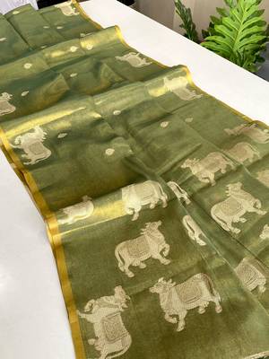 light olive coloer Zari All Over Pichwai Pattern Tilak Butti Motifs tissue saree 2