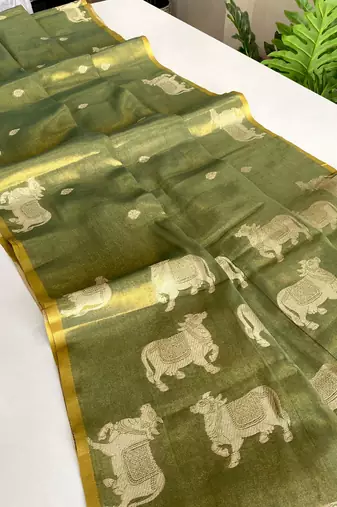light olive coloer Zari All Over Pichwai Pattern Tilak Butti Motifs tissue saree