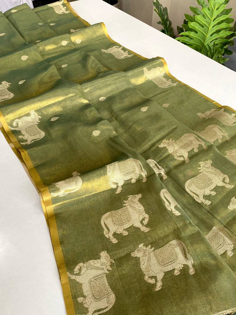 light olive coloer Zari All Over Pichwai Pattern Tilak Butti Motifs tissue saree