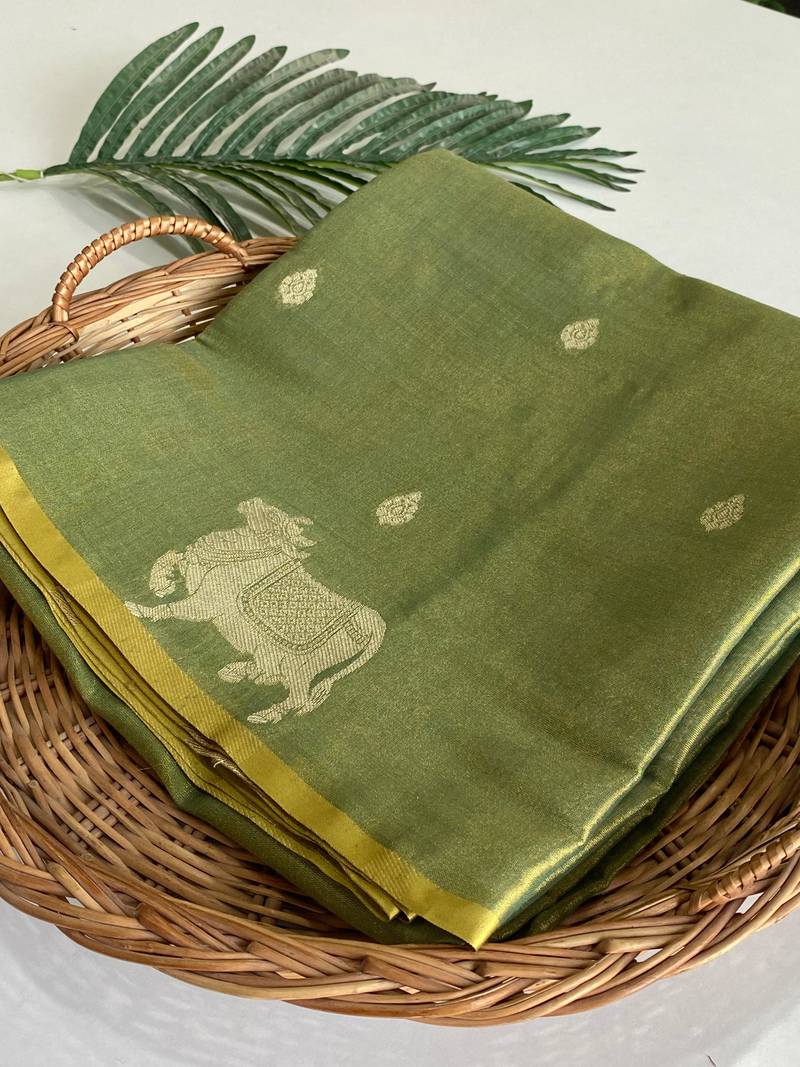 light olive coloer Zari All Over Pichwai Pattern Tilak Butti Motifs tissue saree