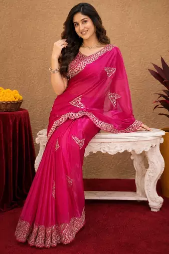 Rani pink soft shimmer chiffon embroidery work saree with unstitched blouse piece