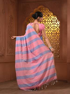 Flamingo pink and sky blue cotton handwoven half n half saree with stripe pattern 3