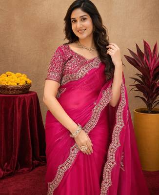 Rani pink soft shimmer chiffon embroidery work saree with unstitched blouse piece 5