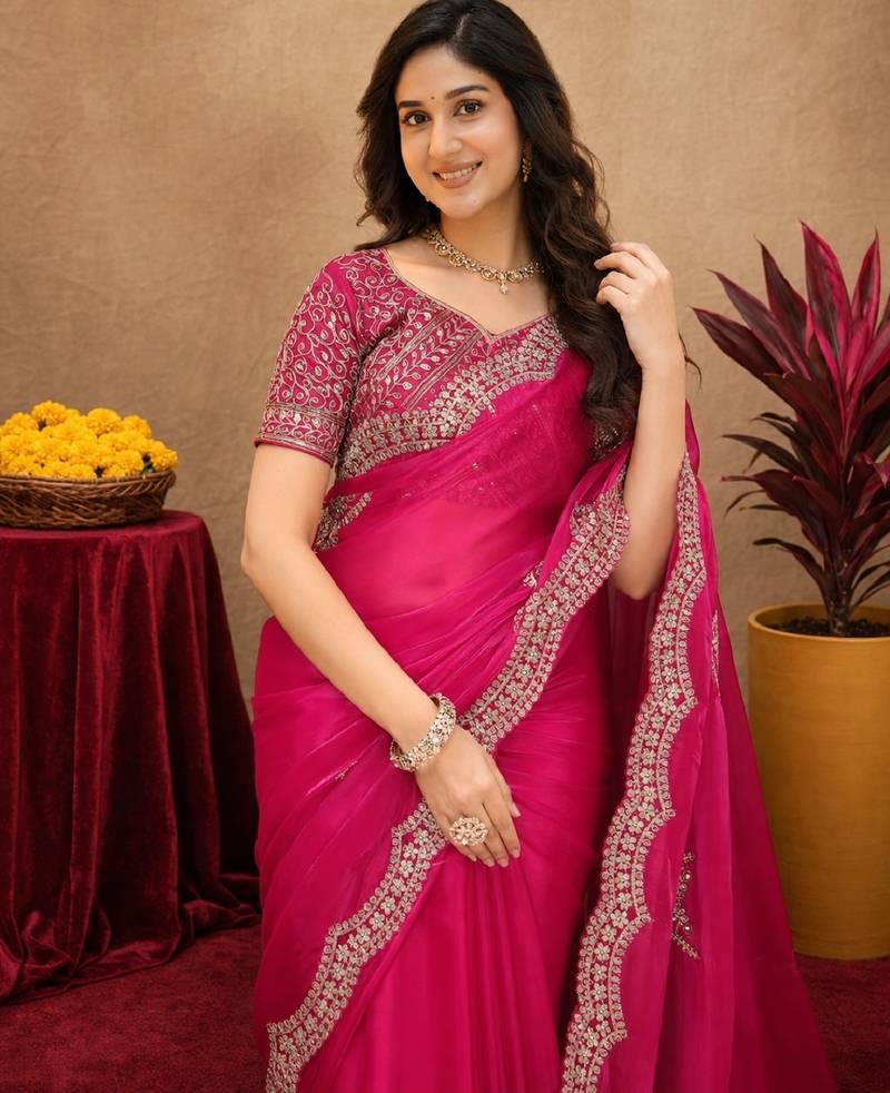 Rani pink soft shimmer chiffon embroidery work saree with unstitched blouse piece