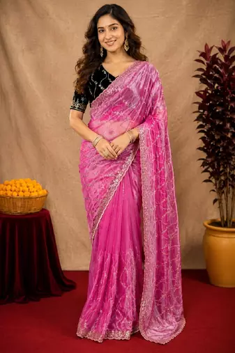 Pink soft net sequence emboidery saree with unstitched blouse piece