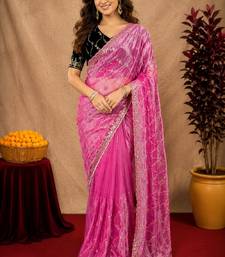 Pink soft net sequence emboidery saree with unstitched blouse piece