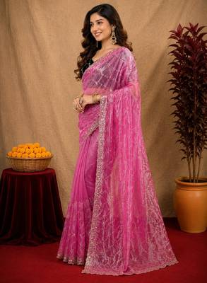 Pink soft net sequence emboidery saree with unstitched blouse piece 2