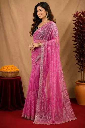 Pink soft net sequence emboidery saree with unstitched blouse piece