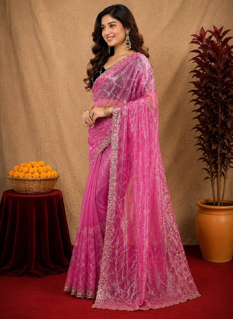 Pink soft net sequence emboidery saree with unstitched blouse piece