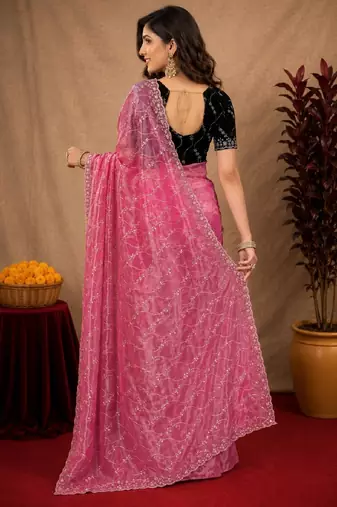 Pink soft net sequence emboidery saree with unstitched blouse piece