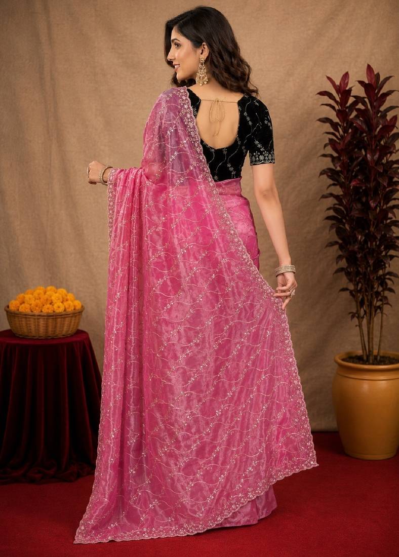 Pink soft net sequence emboidery saree with unstitched blouse piece