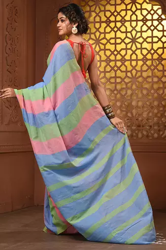 Multicolor cotton colorblocked handwoven half n half saree