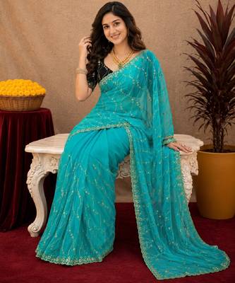 Rama  soft net sequence emboidery saree with unstitched blouse piece 1