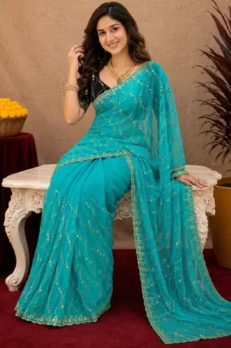 Rama  soft net sequence emboidery saree with unstitched blouse piece