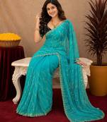 Rama  soft net sequence emboidery saree with unstitched blouse piece