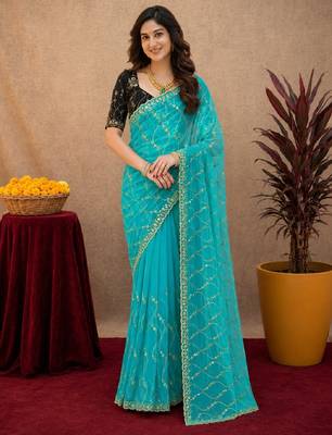 Rama  soft net sequence emboidery saree with unstitched blouse piece 2