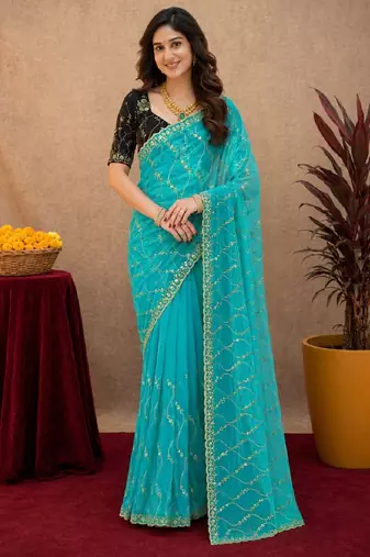 Rama  soft net sequence emboidery saree with unstitched blouse piece