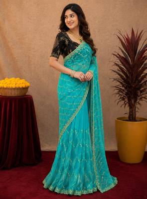 Rama  soft net sequence emboidery saree with unstitched blouse piece 3