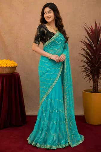 Rama  soft net sequence emboidery saree with unstitched blouse piece