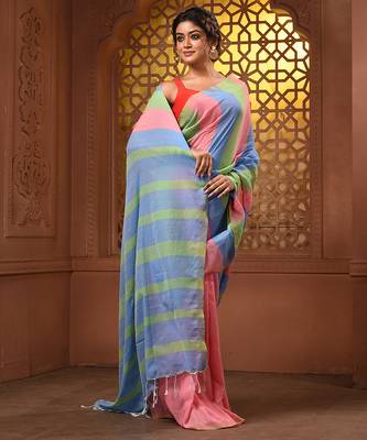 Multicolor cotton colorblocked handwoven half n half saree 5