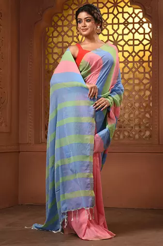 Multicolor cotton colorblocked handwoven half n half saree