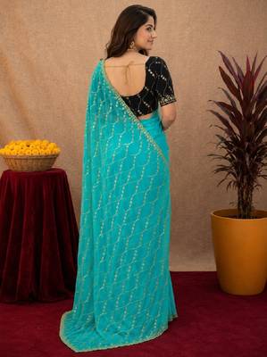 Rama  soft net sequence emboidery saree with unstitched blouse piece 4