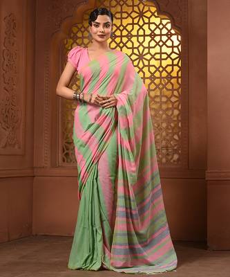 Light green and punch pink cotton handwoven half n half saree with stripe pattern 1