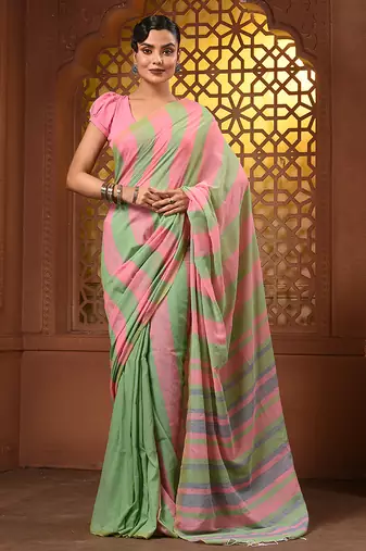 Light green and punch pink cotton handwoven half n half saree with stripe pattern