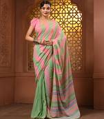 Light green and punch pink cotton handwoven half n half saree with stripe pattern