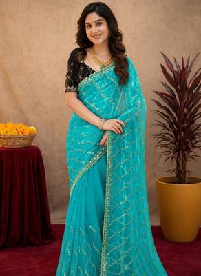 Rama  soft net sequence emboidery saree with unstitched blouse piece 5