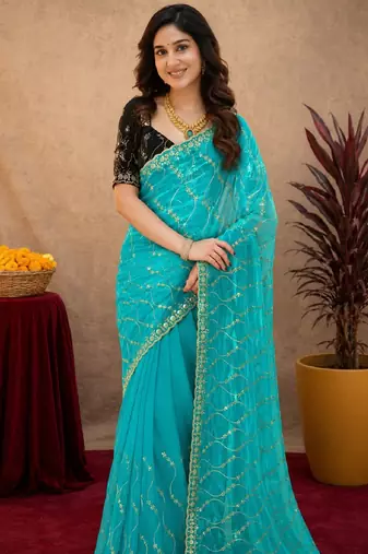 Rama  soft net sequence emboidery saree with unstitched blouse piece