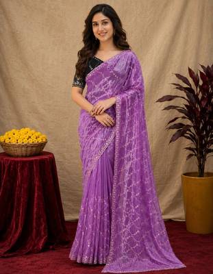Lavender  soft net sequence emboidery saree with unstitched blouse piece 1