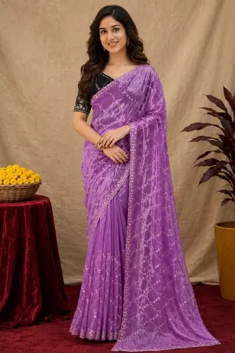 Lavender  soft net sequence emboidery saree with unstitched blouse piece
