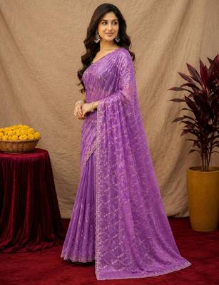 Lavender  soft net sequence emboidery saree with unstitched blouse piece 2