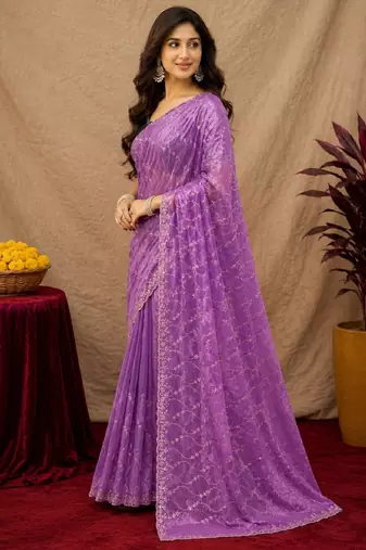 Lavender  soft net sequence emboidery saree with unstitched blouse piece
